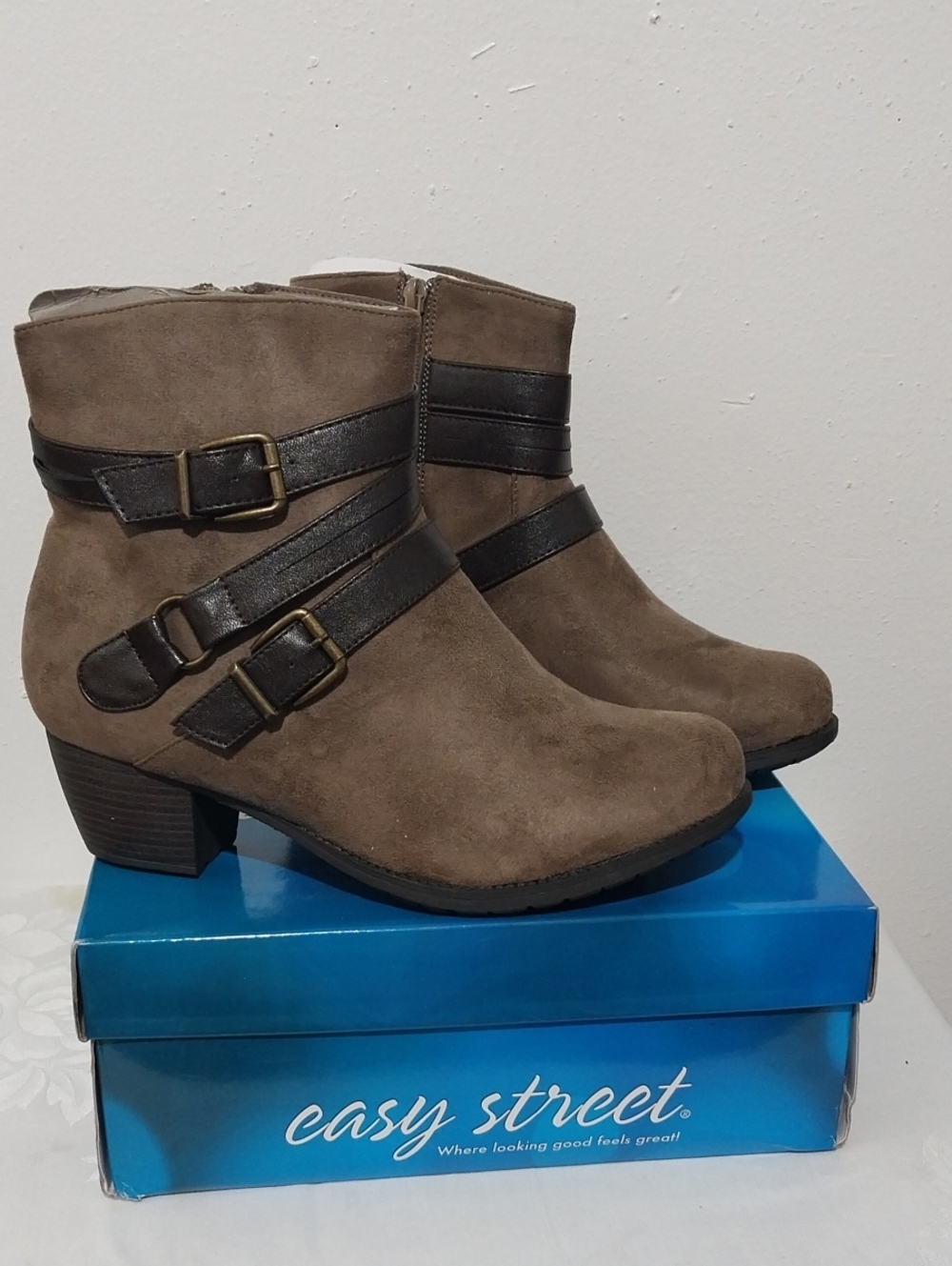 easy street Taupe Suede Ankle Booties with Dark Brown Buckle Straps